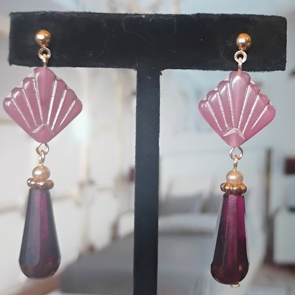 Czech Glass Pink and Gold Shell Dangle Earrings